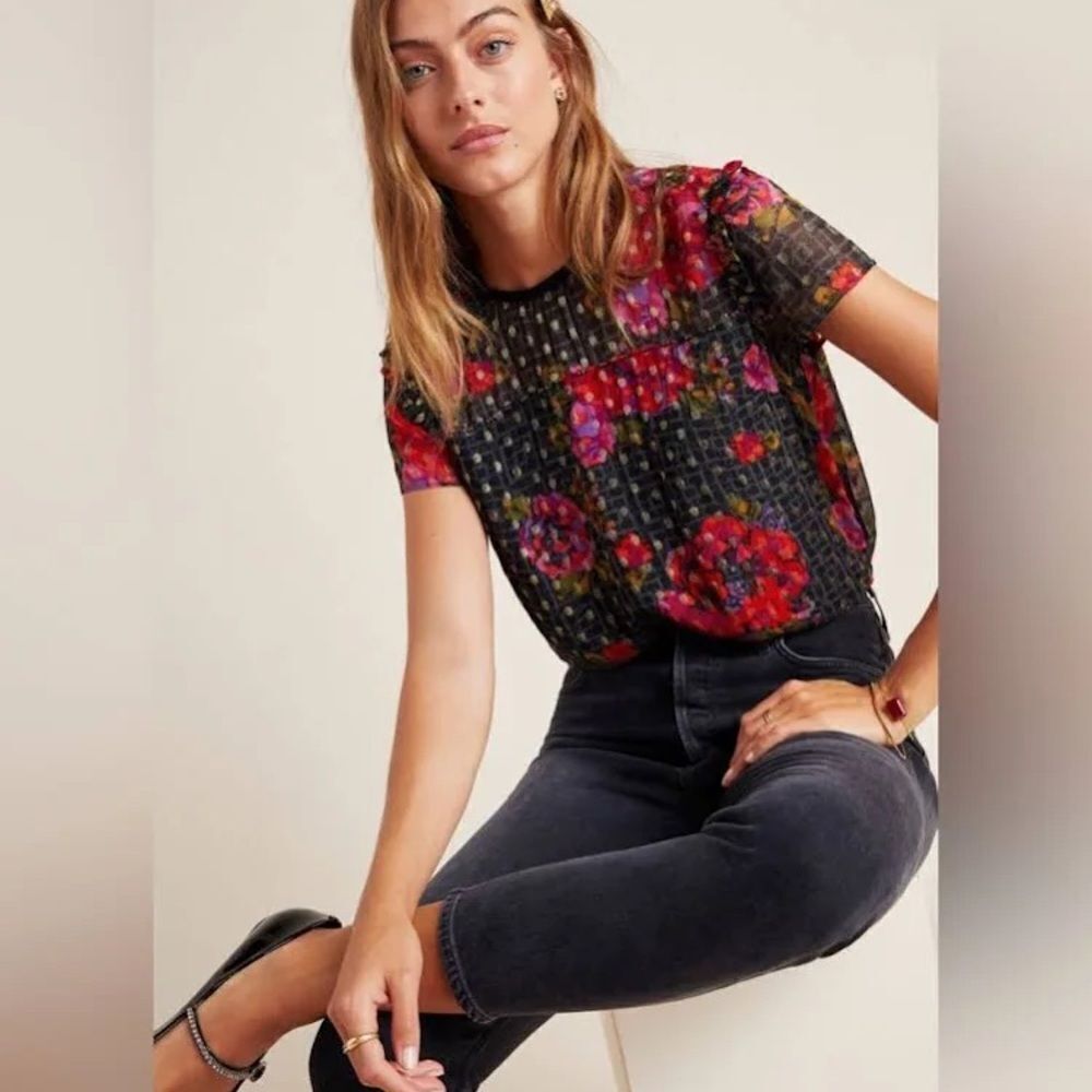Anthropologie Fiorella Black & Pink Floral Polka dot rayon blend Office top 731